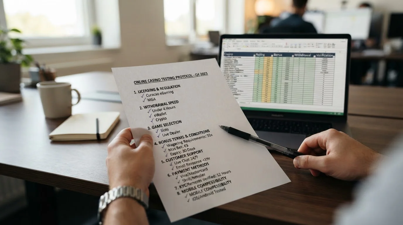 Desk with testing checklist showing withdrawal speed tests, license verification, and bonus term analysis