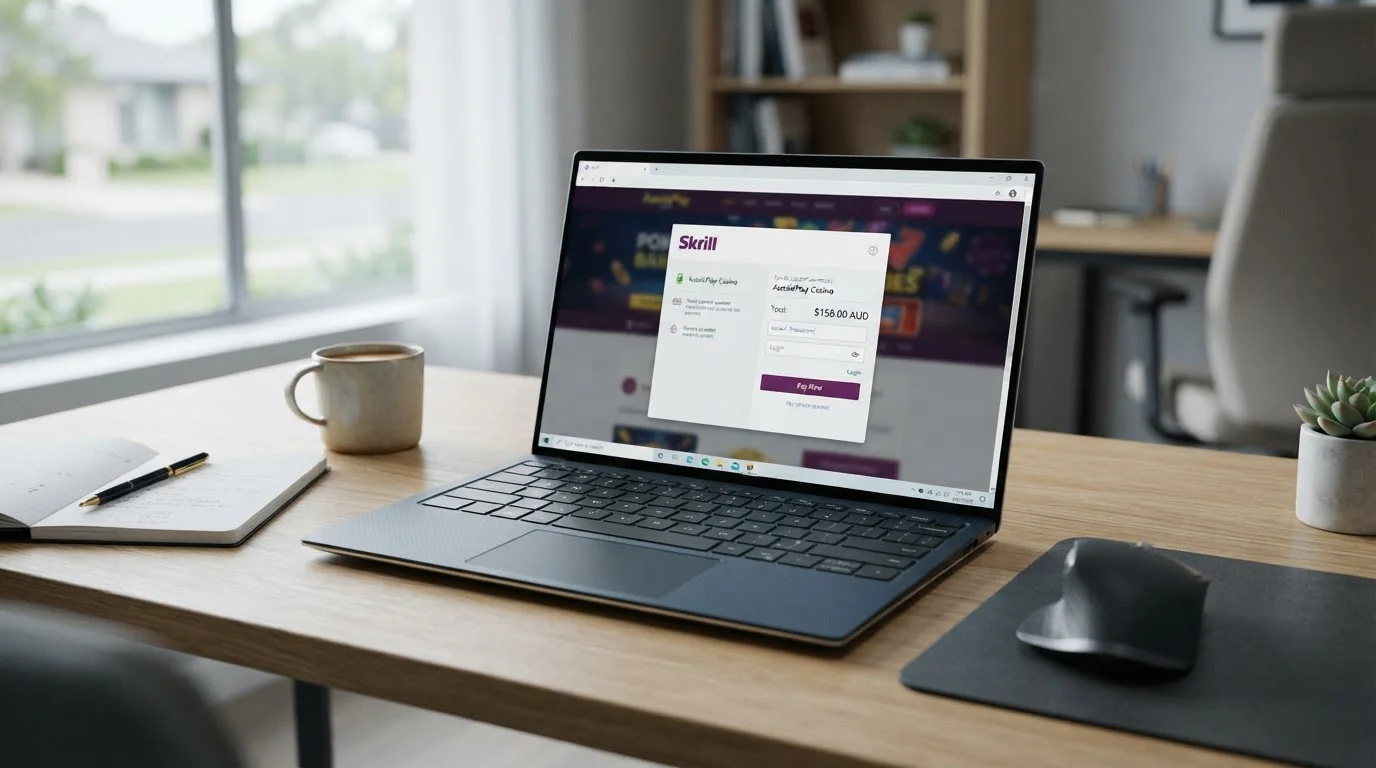 Skrill e-wallet payment interface on laptop with Australian casino homepage