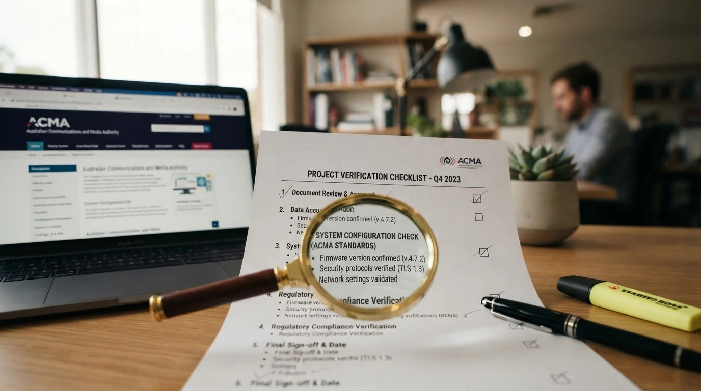 Checklist document showing casino verification steps with magnifying glass