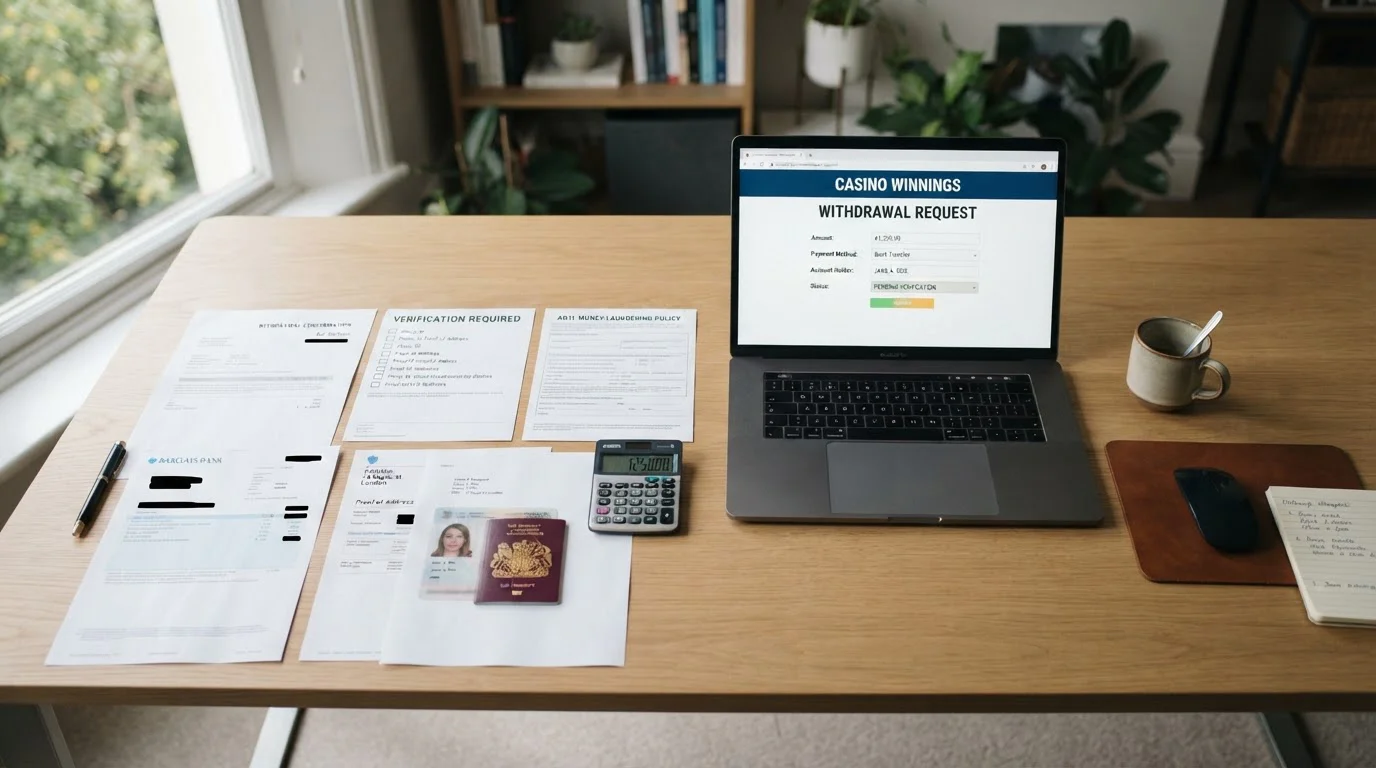 Desk with laptop showing casino withdrawal form and financial documents