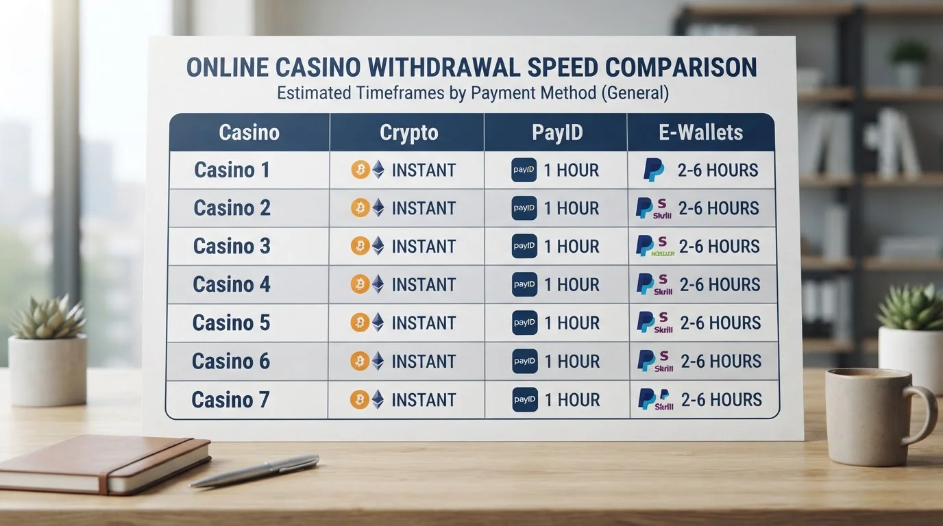 Comparison table showing withdrawal speeds across different offshore casinos serving Australian players