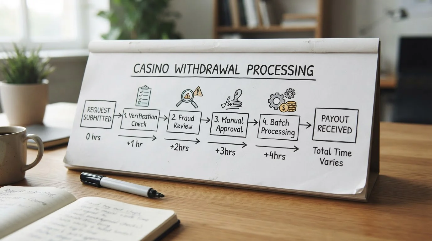Clock diagram showing casino withdrawal processing stages from request to payout