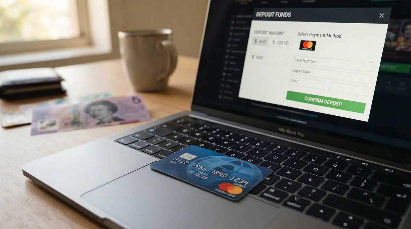 Mastercard debit card on laptop with Australian casino cashier screen showing deposit options