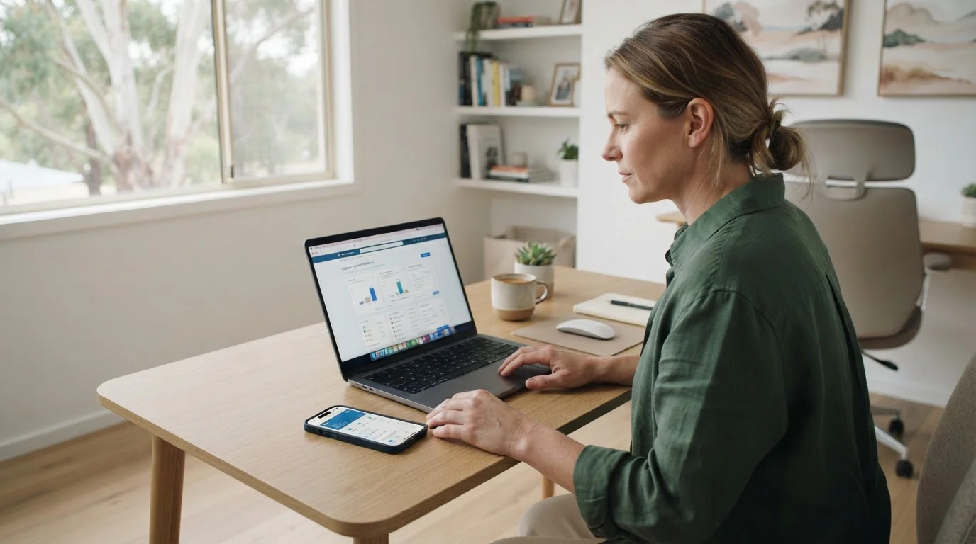 Australian player reviewing Neteller casino options on laptop with mobile phone