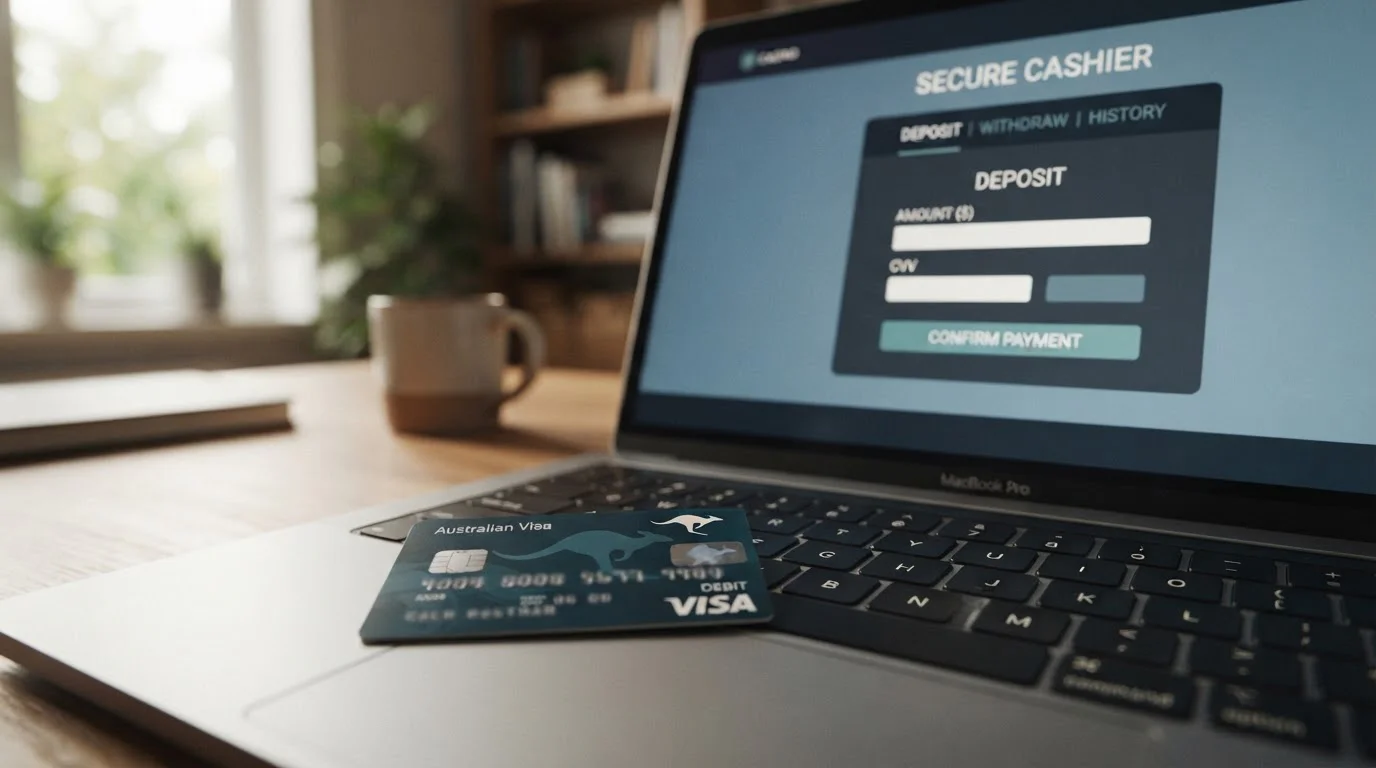 Australian Visa card on laptop with casino cashier screen open