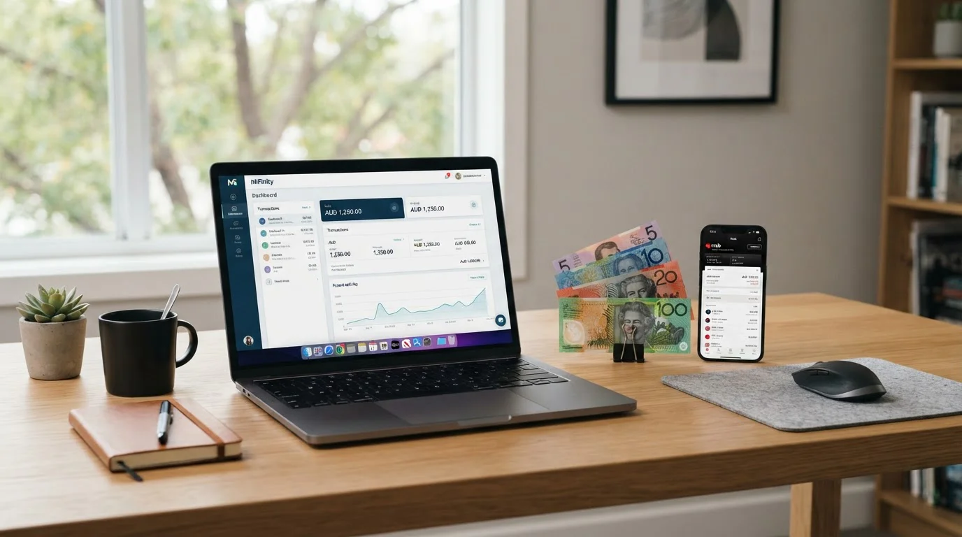 Modern workspace with laptop displaying MiFinity e-wallet dashboard and Australian currency