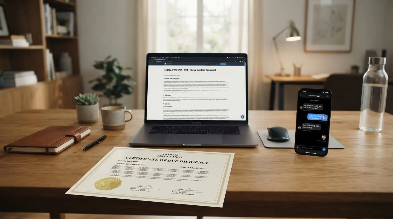 Desk with license certificate document, laptop showing casino terms page, and mobile phone with support chat open