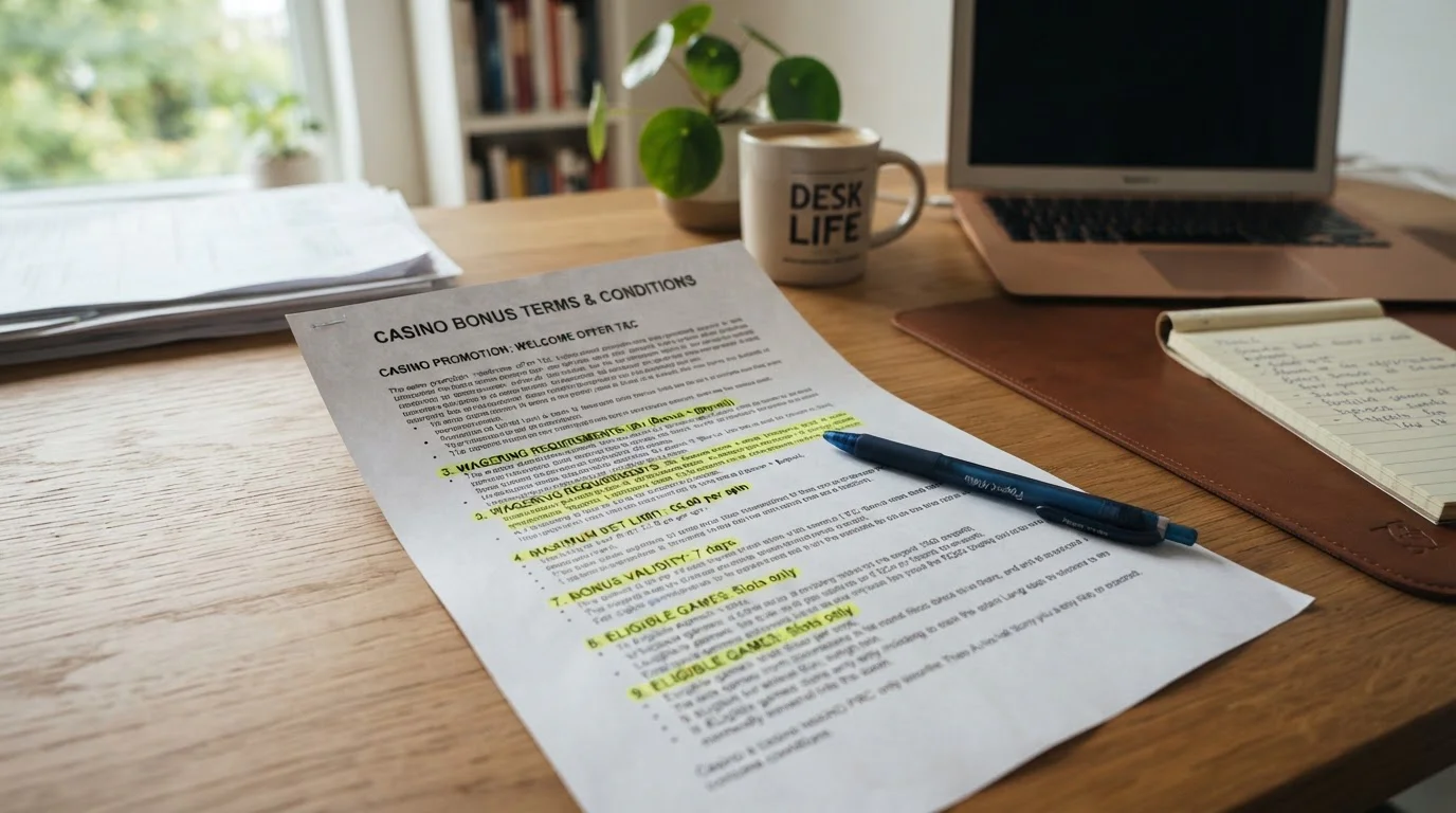 Casino bonus terms document with wagering requirements and maximum bet limits highlighted