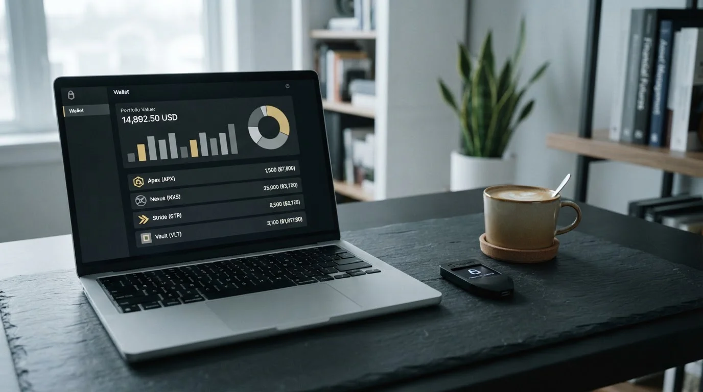 Editorial scene of a laptop showing a plain generic wallet dashboard with abstract token symbols and a hardware wallet lying on a slate desk mat, cool indirect lighting