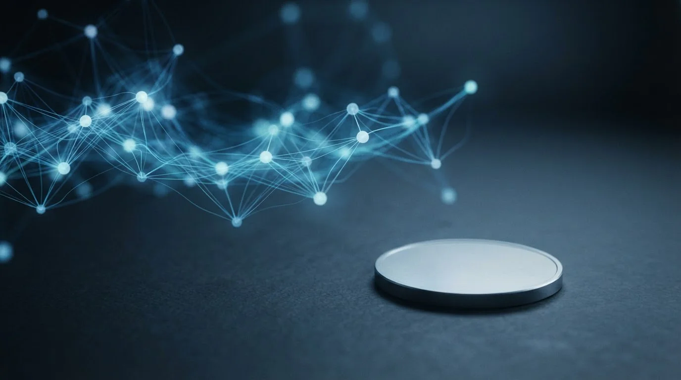 Abstract network of softly glowing nodes above a matte surface with a plain unbranded token in the foreground