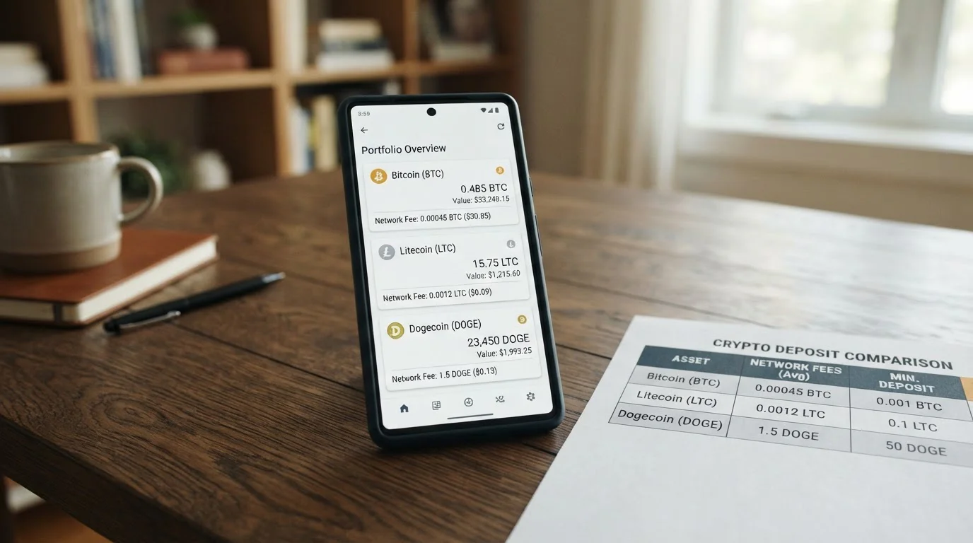 Cryptocurrency wallet interface showing Dogecoin, Litecoin, and Bitcoin transaction fees comparison