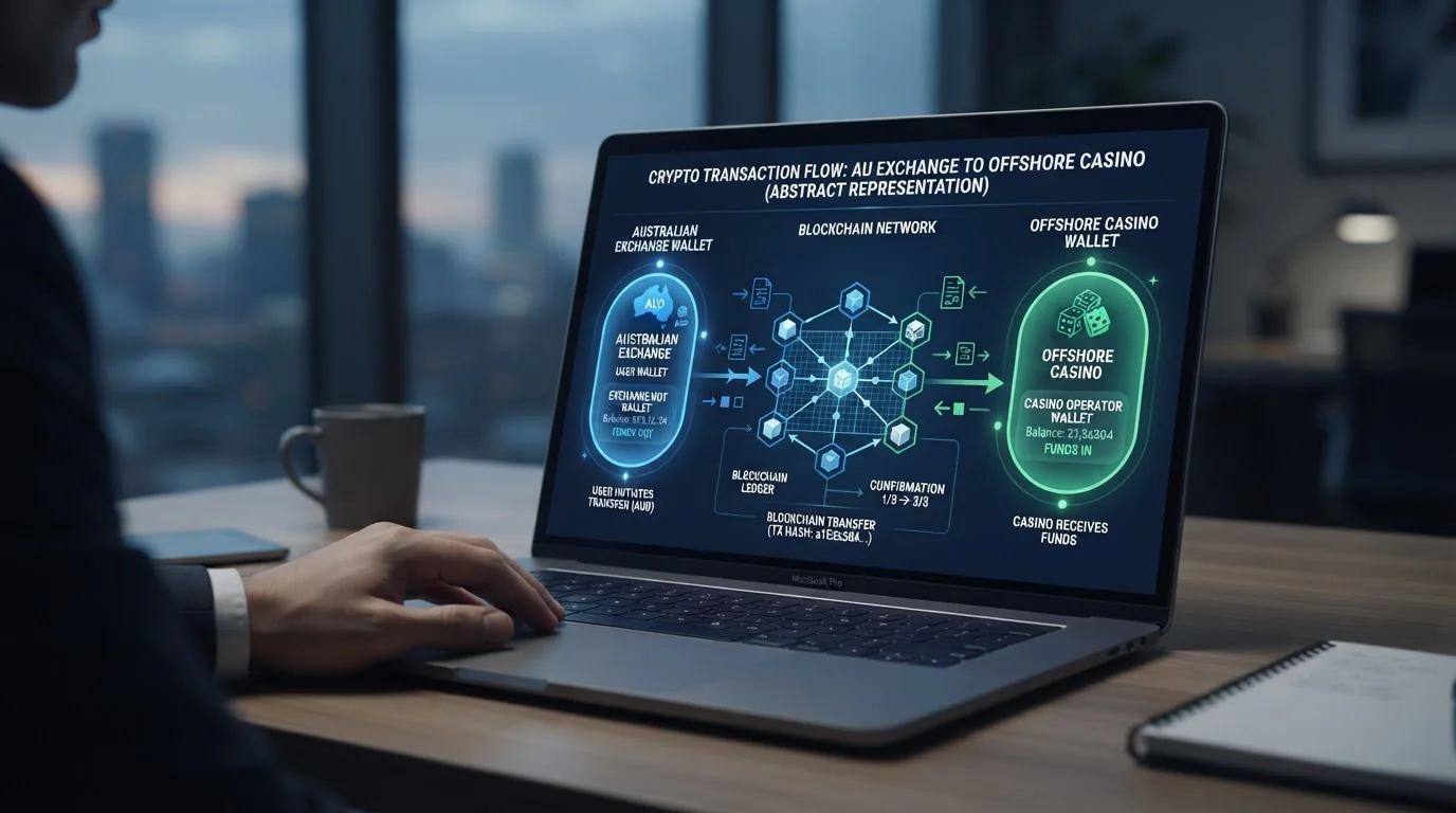 Laptop screen showing cryptocurrency transaction flowing from Australian exchange to offshore casino wallet
