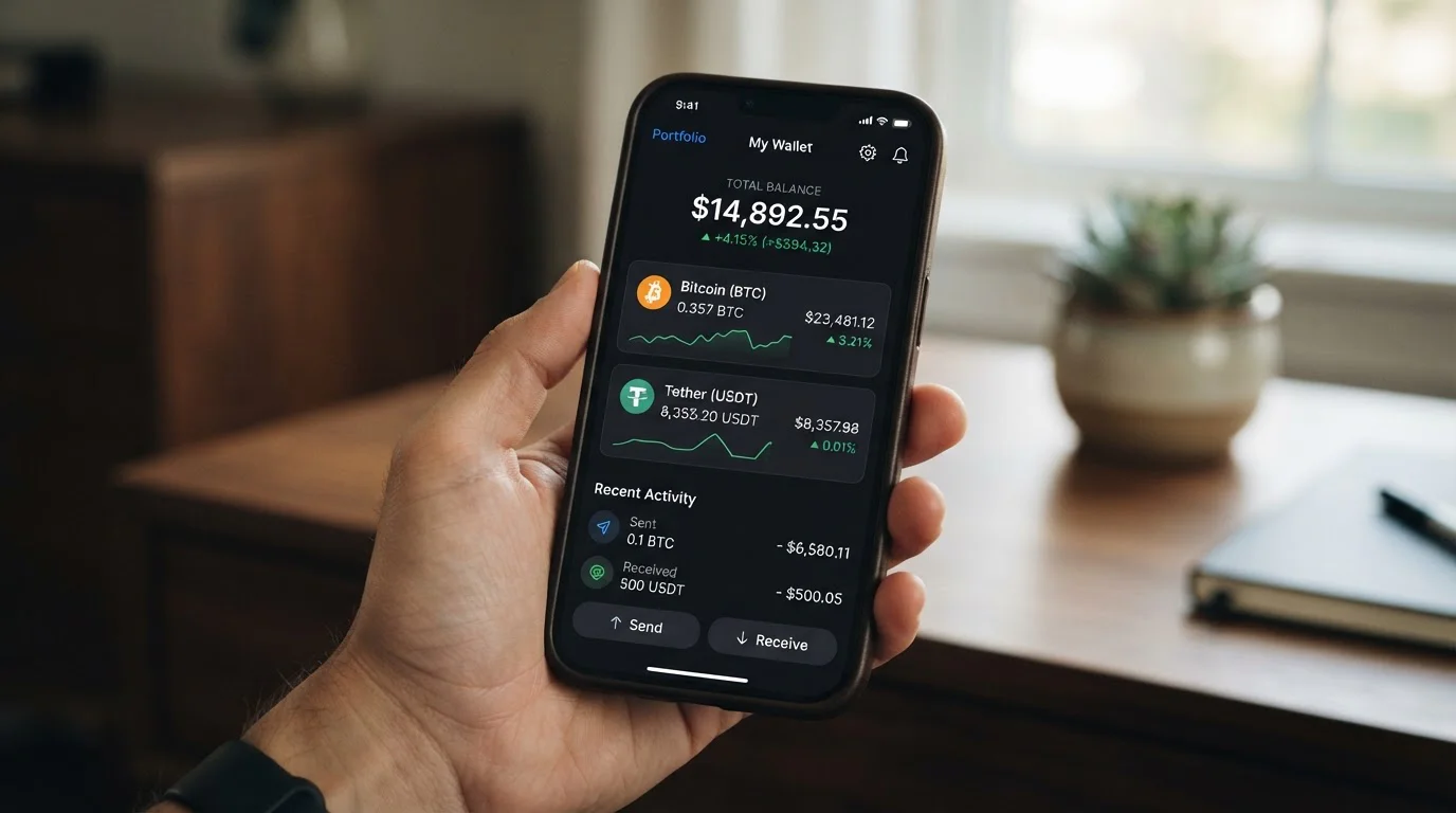 Cryptocurrency wallet interface showing Bitcoin and USDT balances on mobile screen