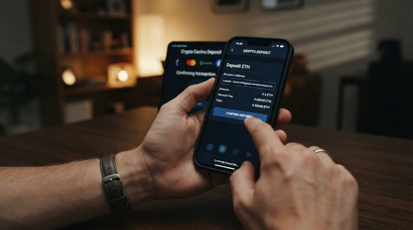 Smartphone screen showing cryptocurrency wallet transfer interface with casino deposit address