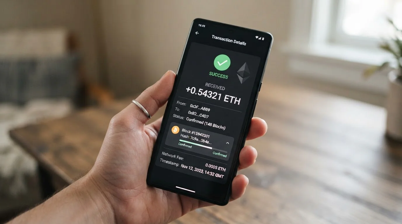 Cryptocurrency wallet receiving casino payout with blockchain confirmation status