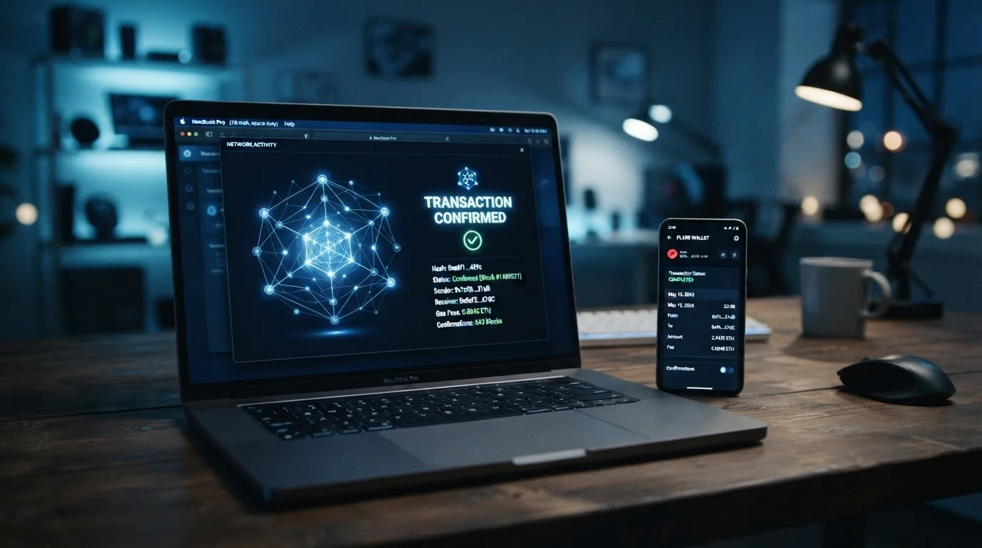Blockchain transaction confirmation display showing Bitcoin network settlement times