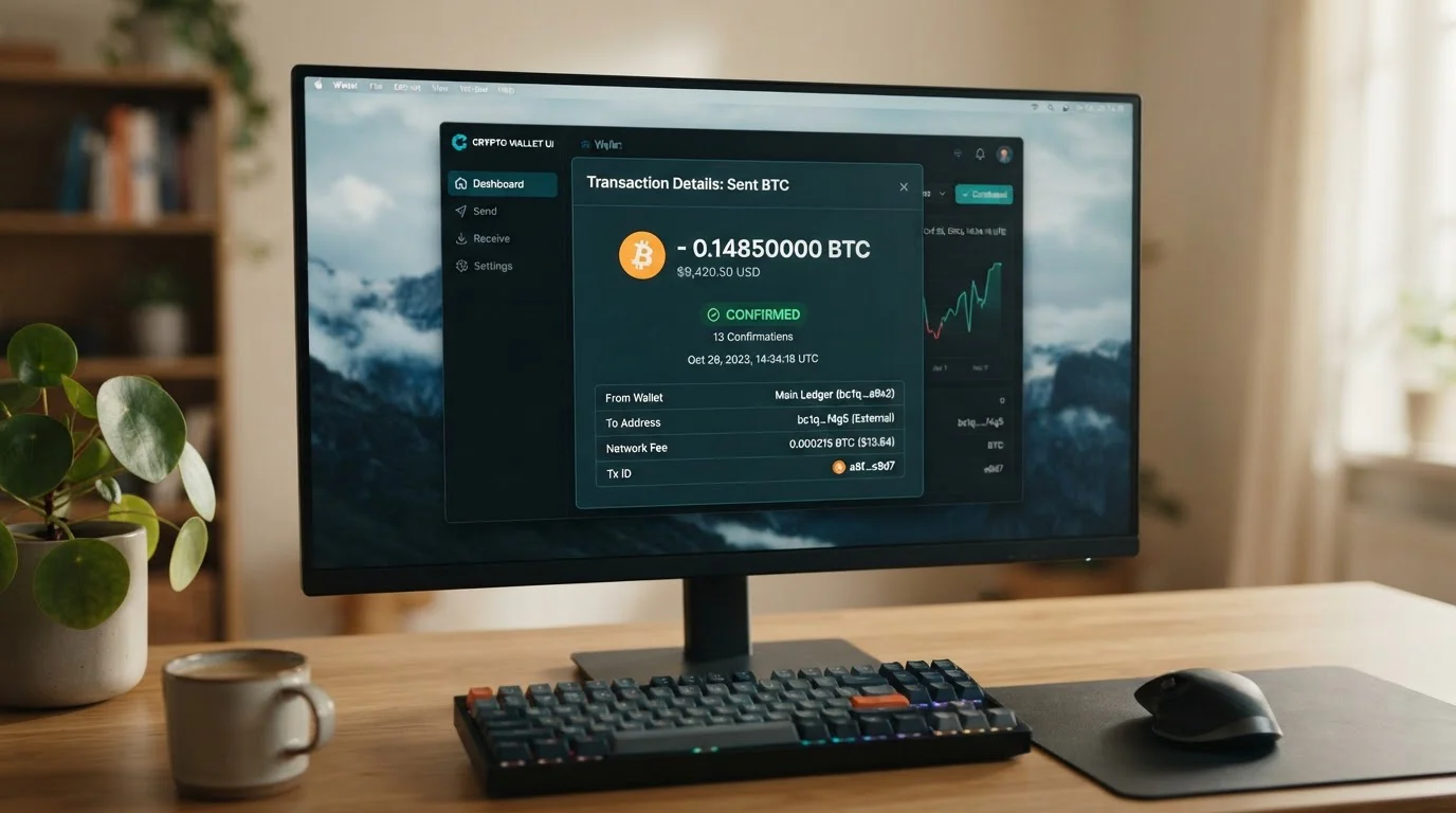 Cryptocurrency wallet showing Bitcoin withdrawal confirmation with fast blockchain settlement time