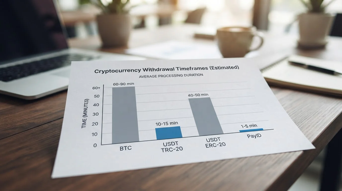 Cryptocurrency withdrawal speed comparison chart showing BTC, USDT TRC-20, and PayID processing times