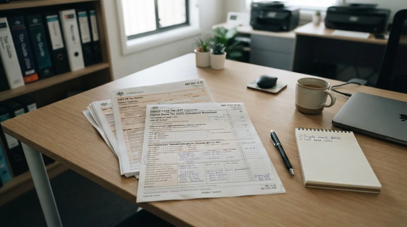 Tax documentation showing cryptocurrency capital gains calculation worksheet for Australian tax return