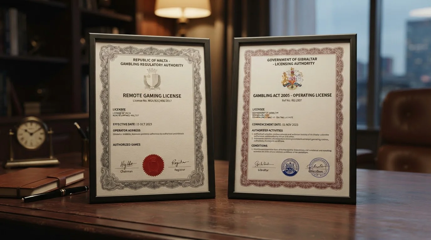 Offshore gaming license documents showing Curaçao and Anjouan regulatory stamps