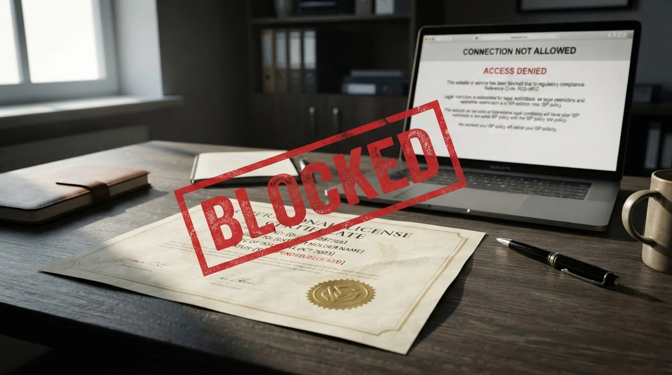 Curaçao Gaming Authority licence certificate with ACMA domain block notice overlay