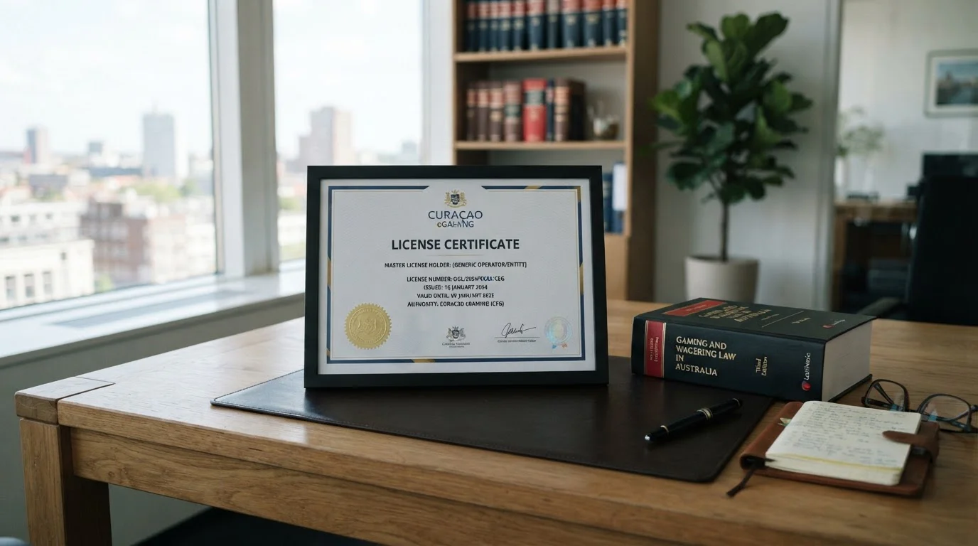 Curaçao eGaming license certificate document on desk with Australian legal code book