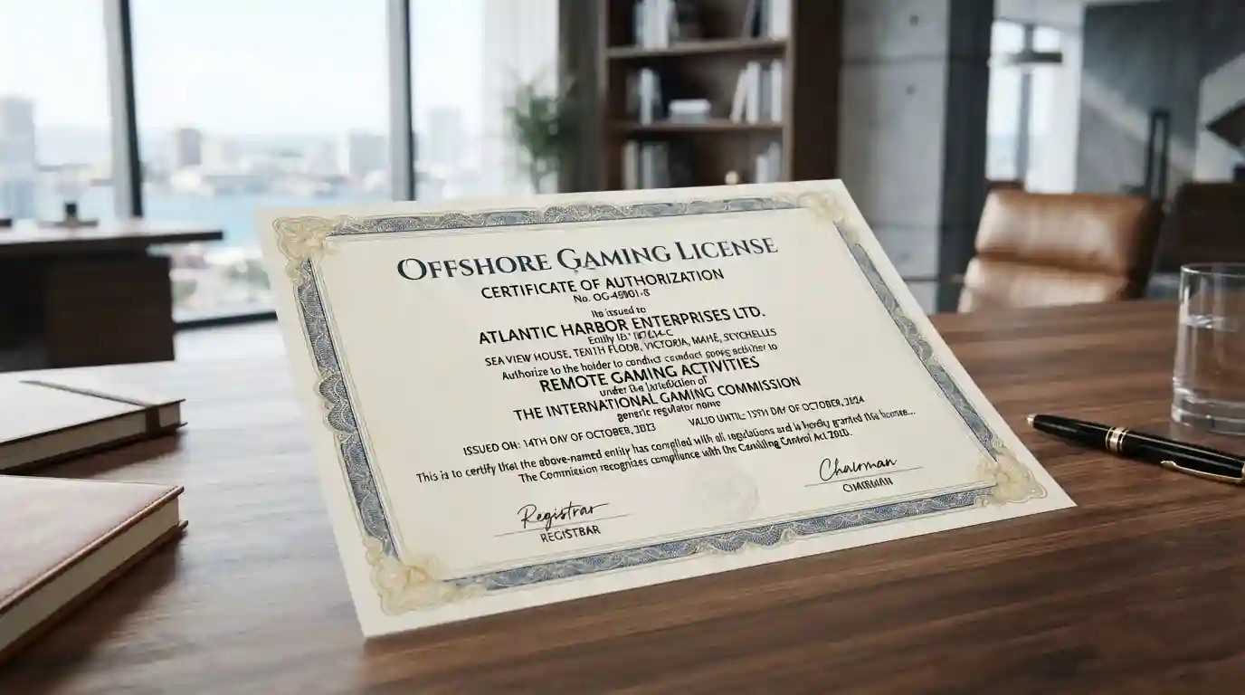 Generic offshore gaming license certificate document on desk