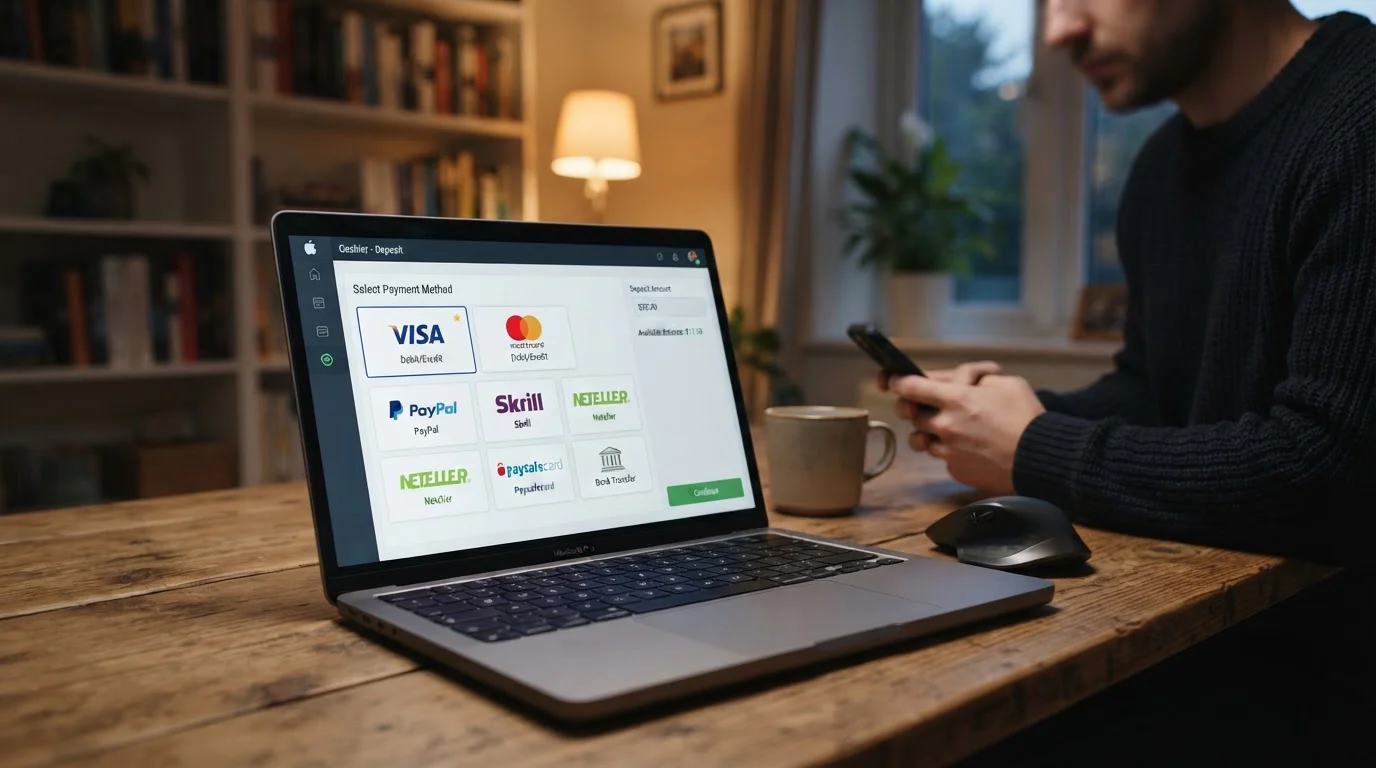Laptop screen showing casino cashier payment method selection with Visa and Mastercard options