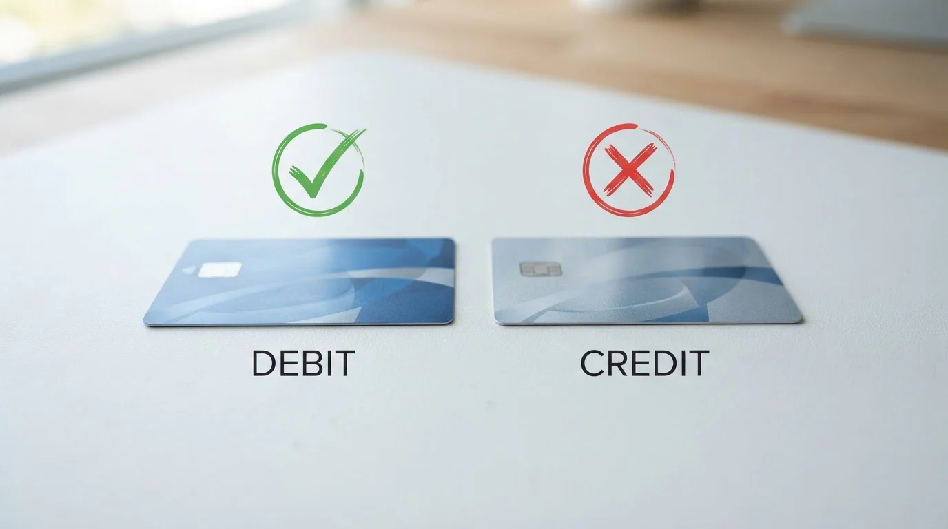 Mastercard debit card and credit card side by side with checkmark on debit and X on credit