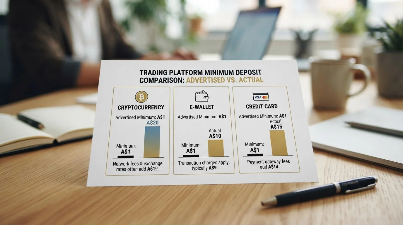 Comparison chart showing advertised versus actual deposit minimums across payment methods