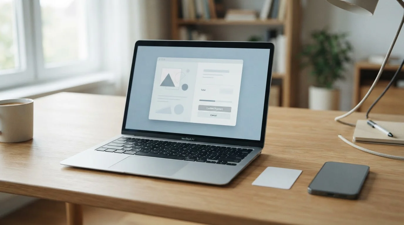 Tidy desk with an open laptop showing a neutral cashier screen, a plain unbranded card-token and a smartphone beside it