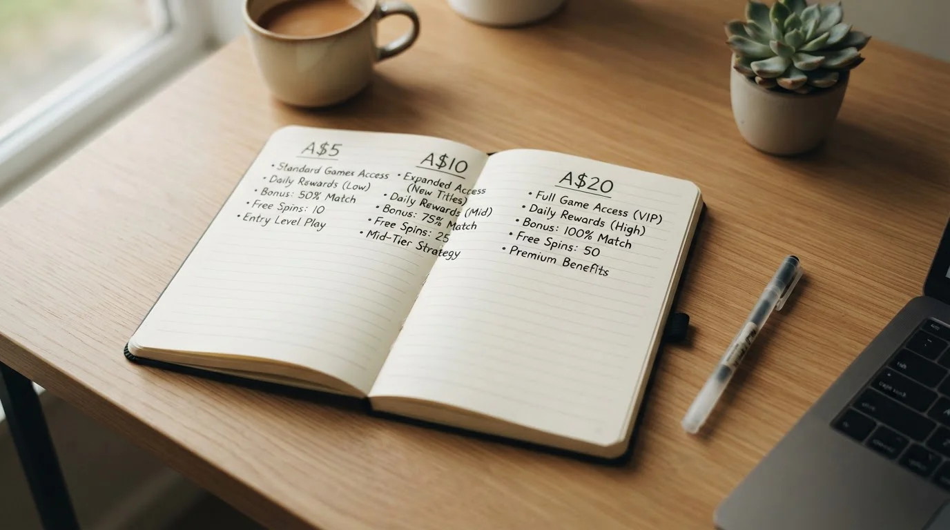 Notebook showing three columns labeled A$5, A$10, A$20 with game access and bonus eligibility notes