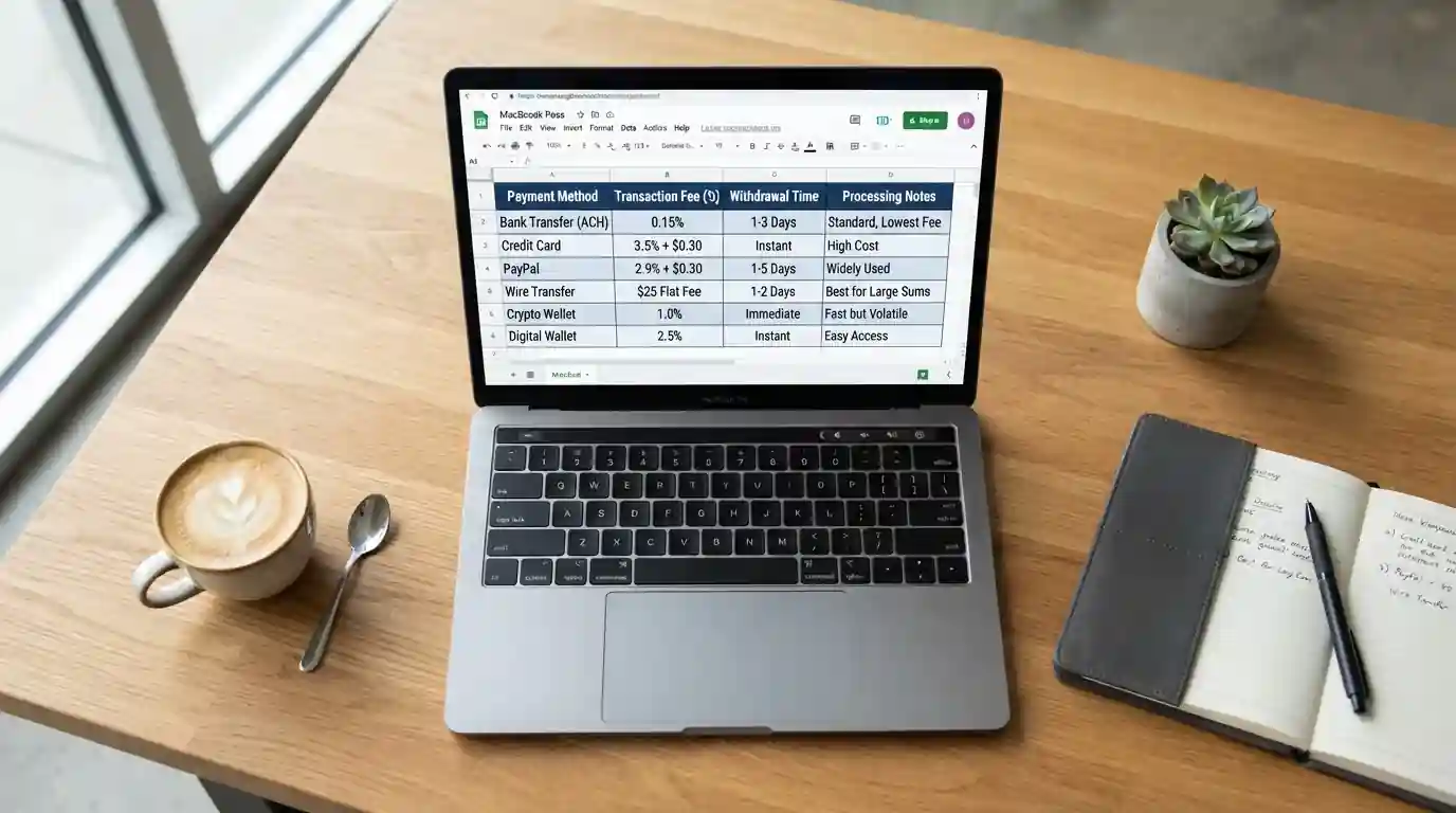 Comparison table showing e-wallet fees and features on laptop screen
