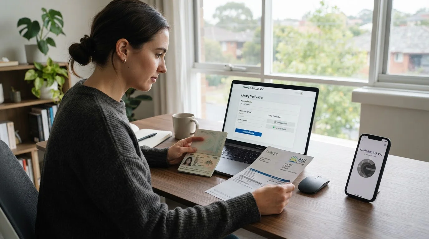 Person at laptop completing e-wallet verification with documents nearby