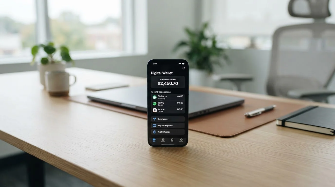 Clean desk with smartphone showing ecoPayz wallet interface