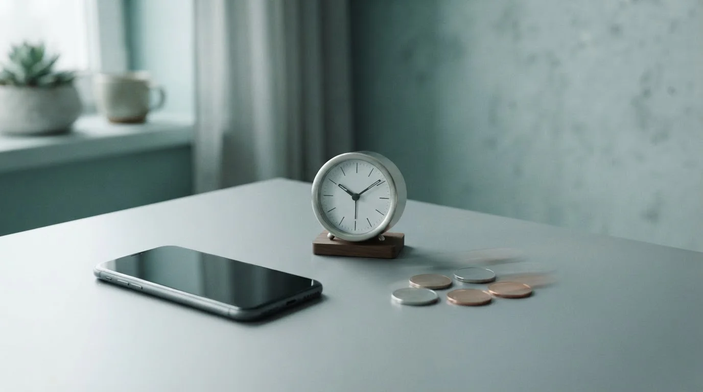 Smartphone beside a small analogue clock and a few generic unbranded coins caught in slight motion blur