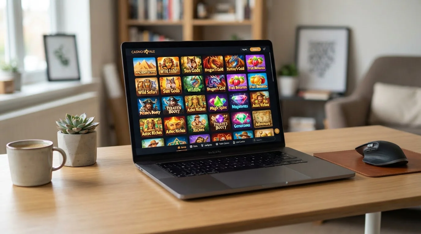 Laptop displaying online pokies game library with provider logos and game thumbnails