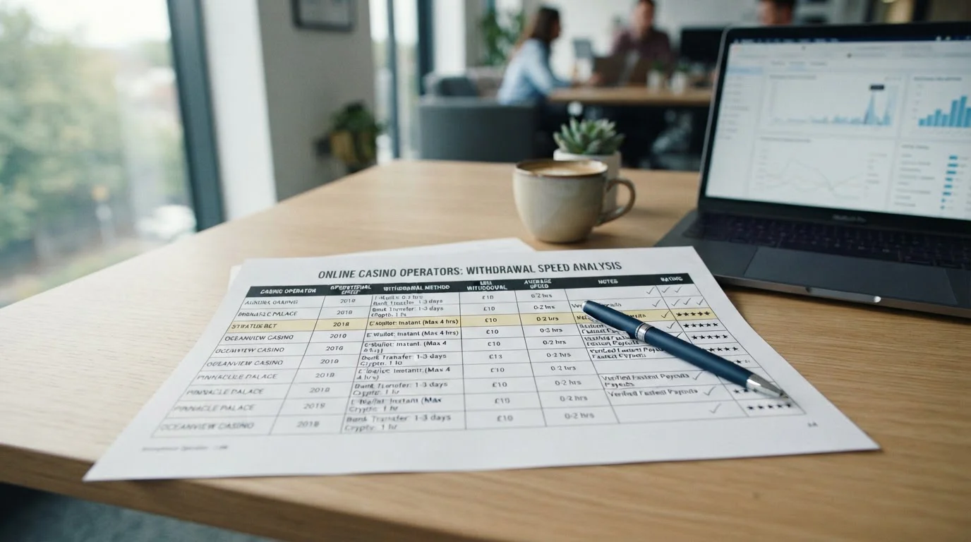 Clean comparison table showing casino operators with withdrawal speeds and licenses