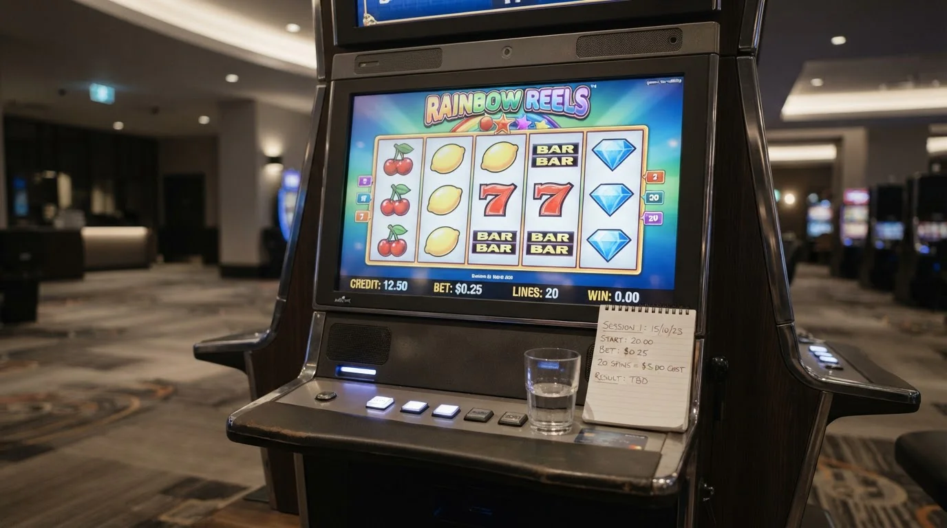 Pokie machine screen showing low-volatility game with $0.25 bet and twenty-spin session calculation