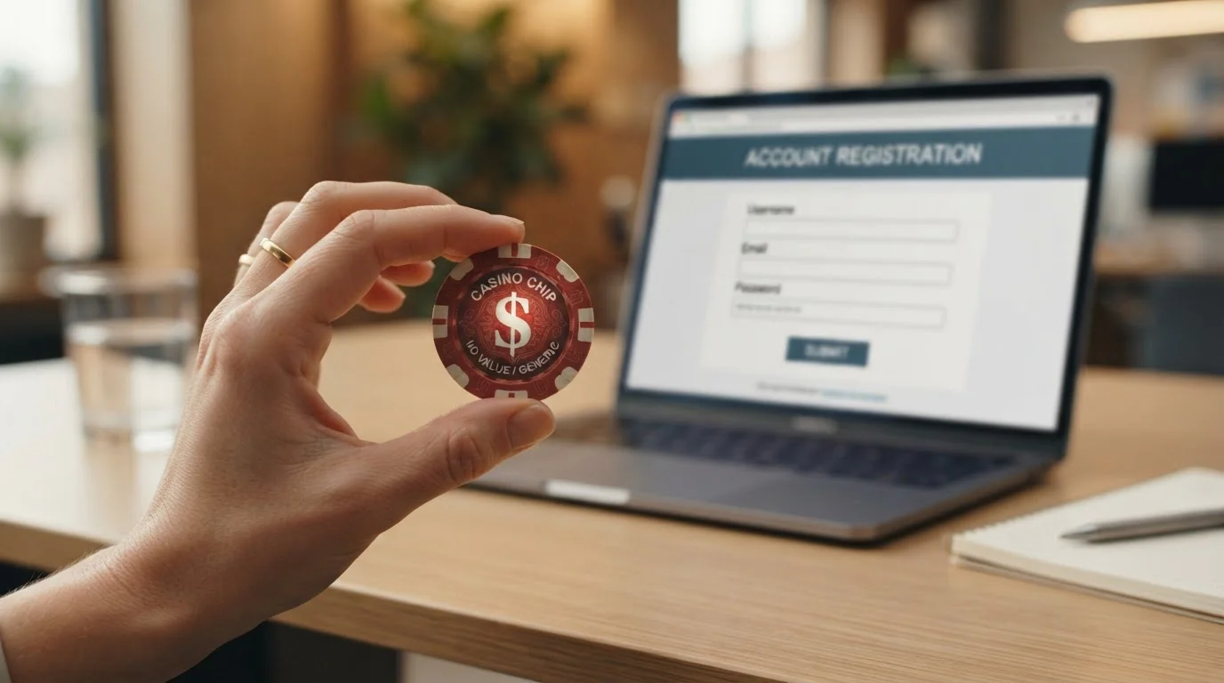 Hand holding generic casino chip with laptop registration form in background