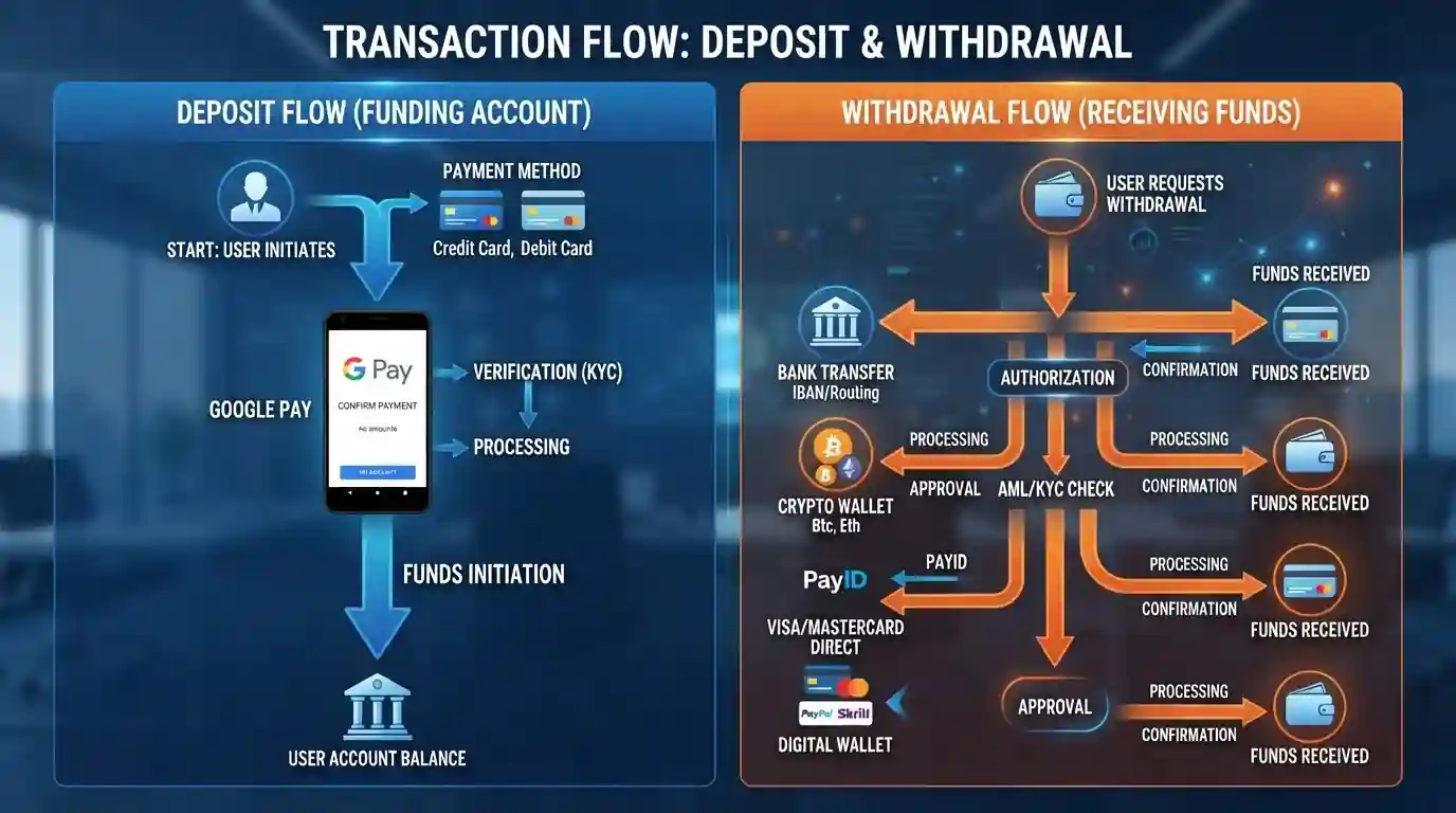 Diagram showing Google Pay deposit flow versus withdrawal paths at offshore casinos