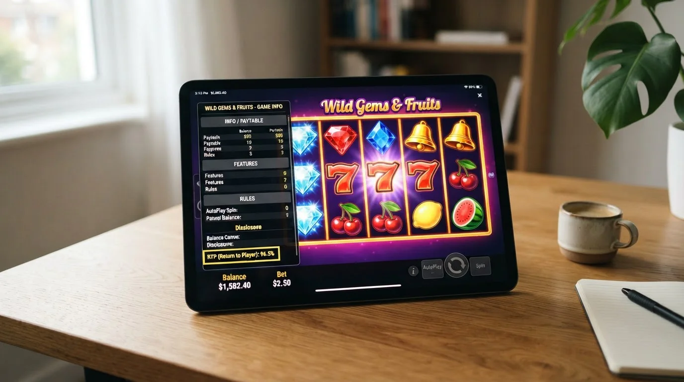 Colourful pokie reels with RTP percentage display visible on screen