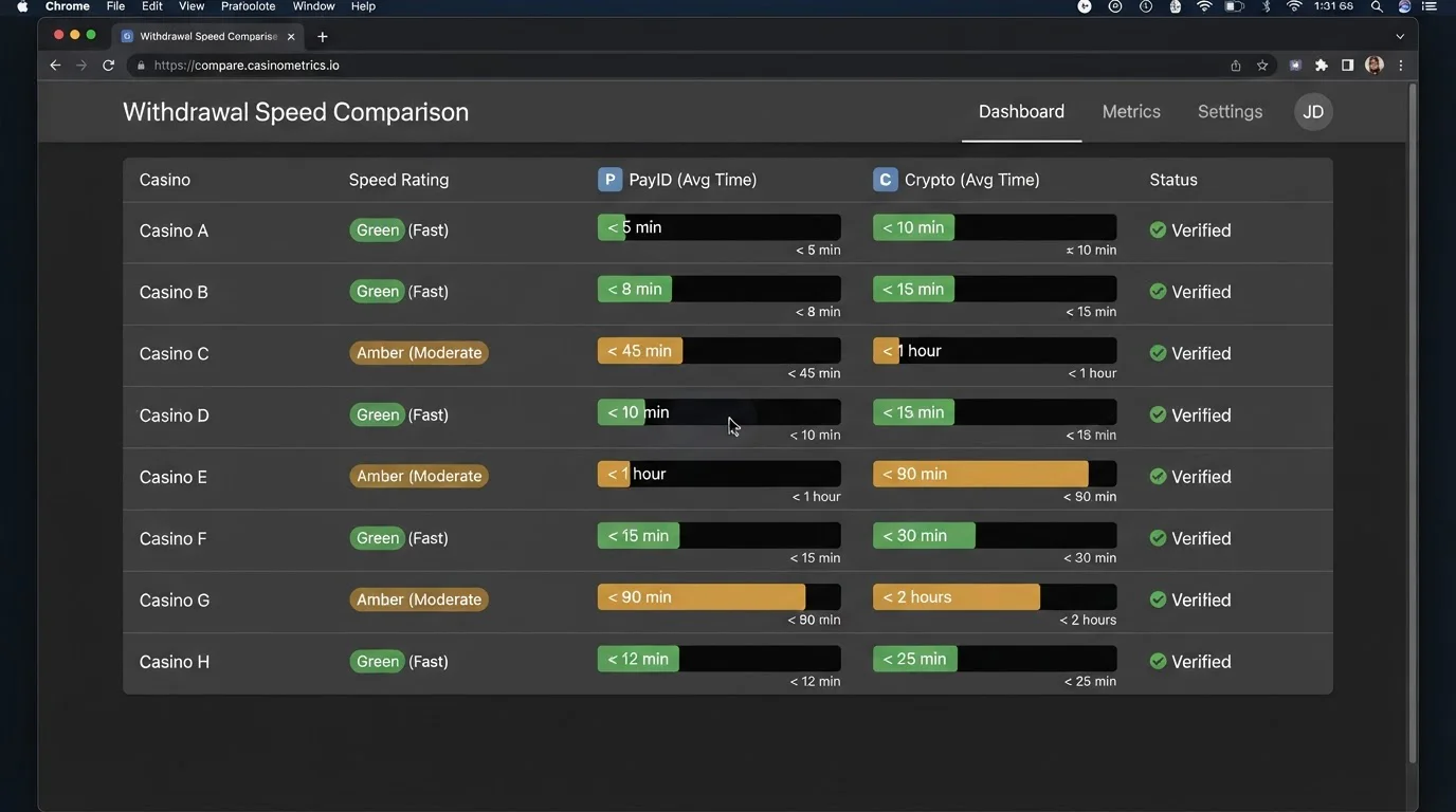 Comparison dashboard showing casino withdrawal times with PayID and crypto payment methods ranked by speed