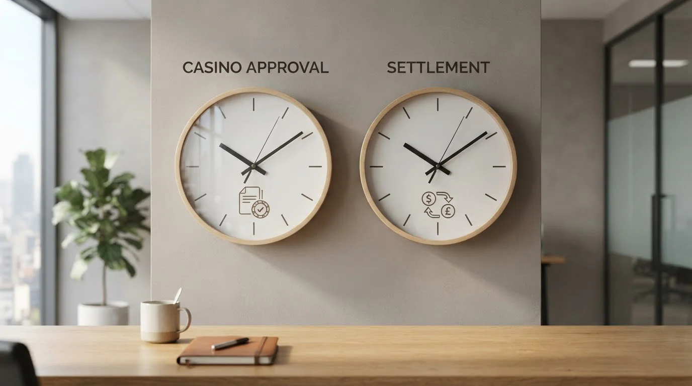 Two clocks showing casino approval time and payment settlement time for withdrawals