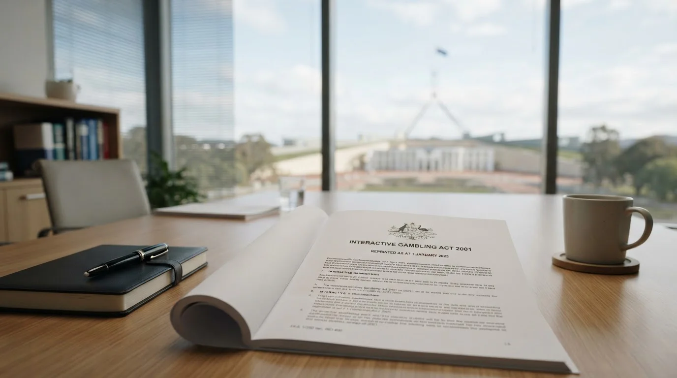 Australian Parliament House with IGA 2001 document overlay showing prohibition on provision not participation