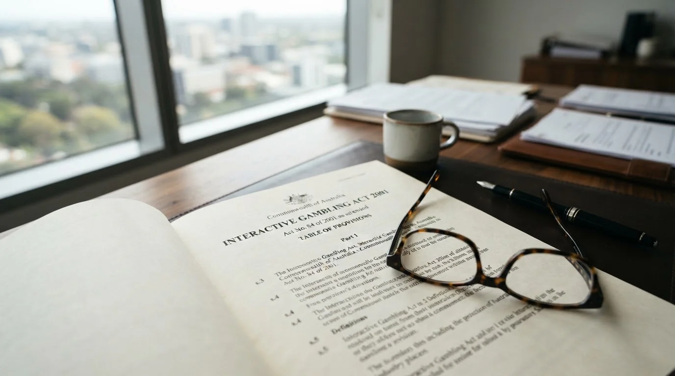 Open legal document showing Interactive Gambling Act text on a desk
