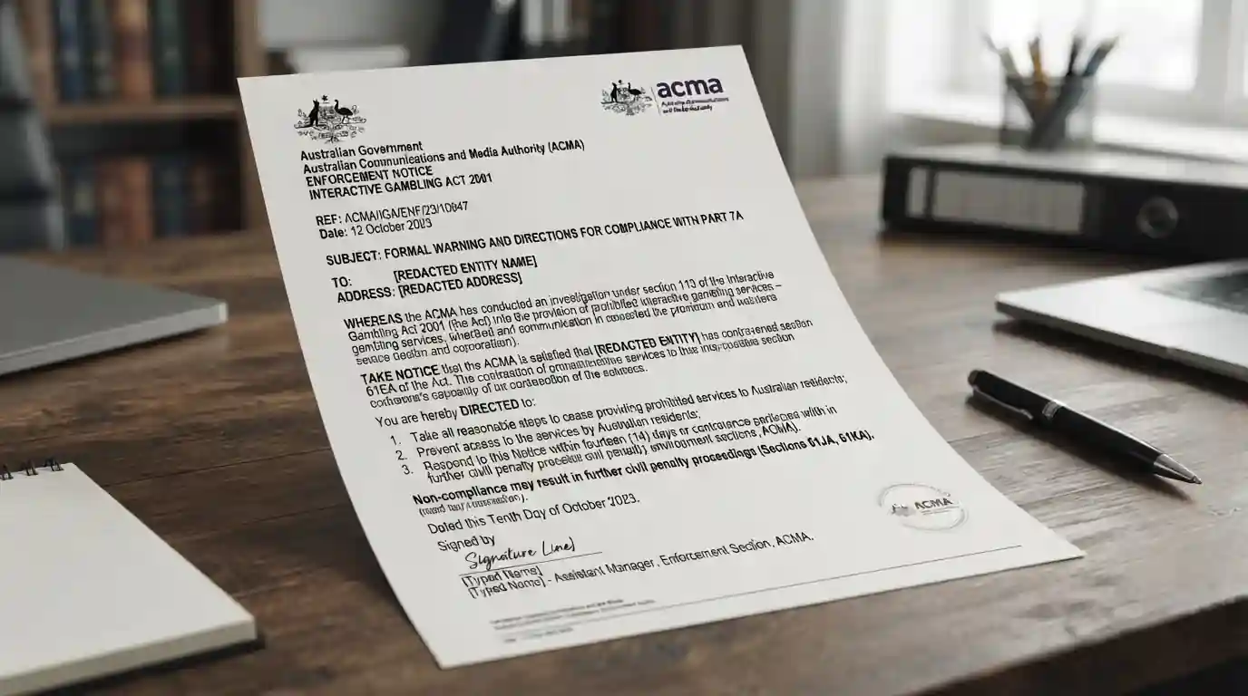 Document showing Interactive Gambling Act 2001 text with ACMA enforcement notice