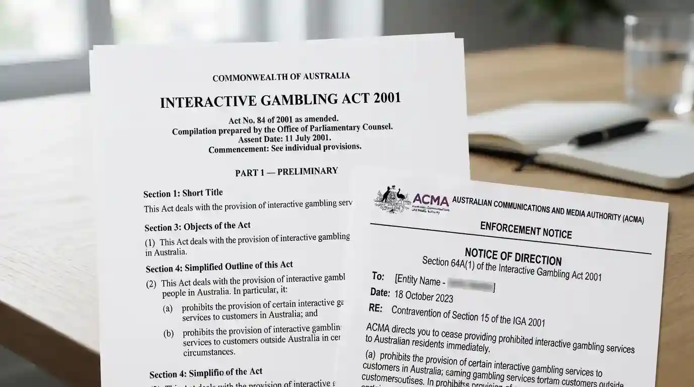 Document showing Interactive Gambling Act 2001 text with ACMA enforcement notice overlay