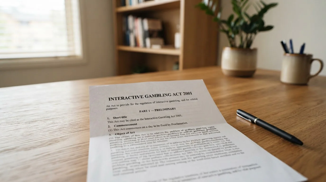 Australian legal document showing Interactive Gambling Act text on desk