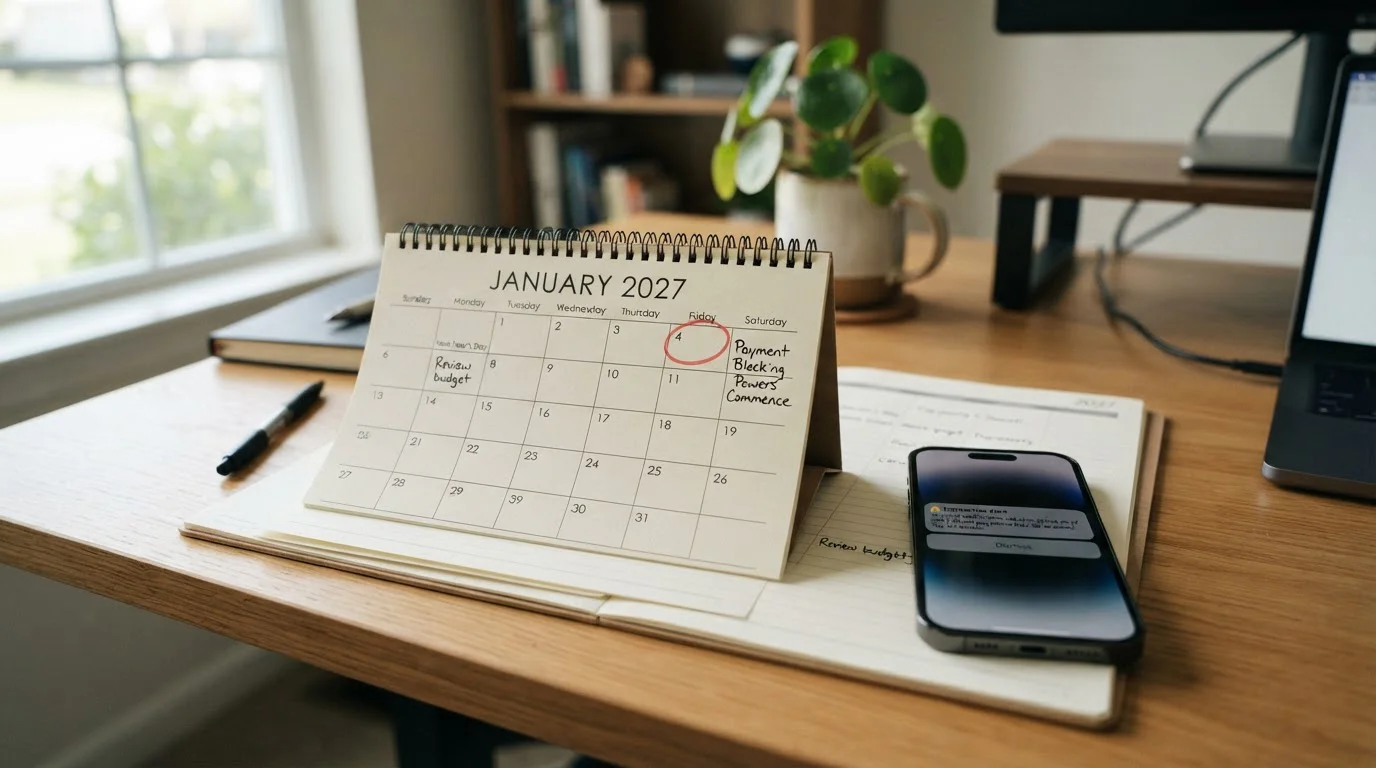 Calendar page showing January 2027 with bank transaction blocking notice